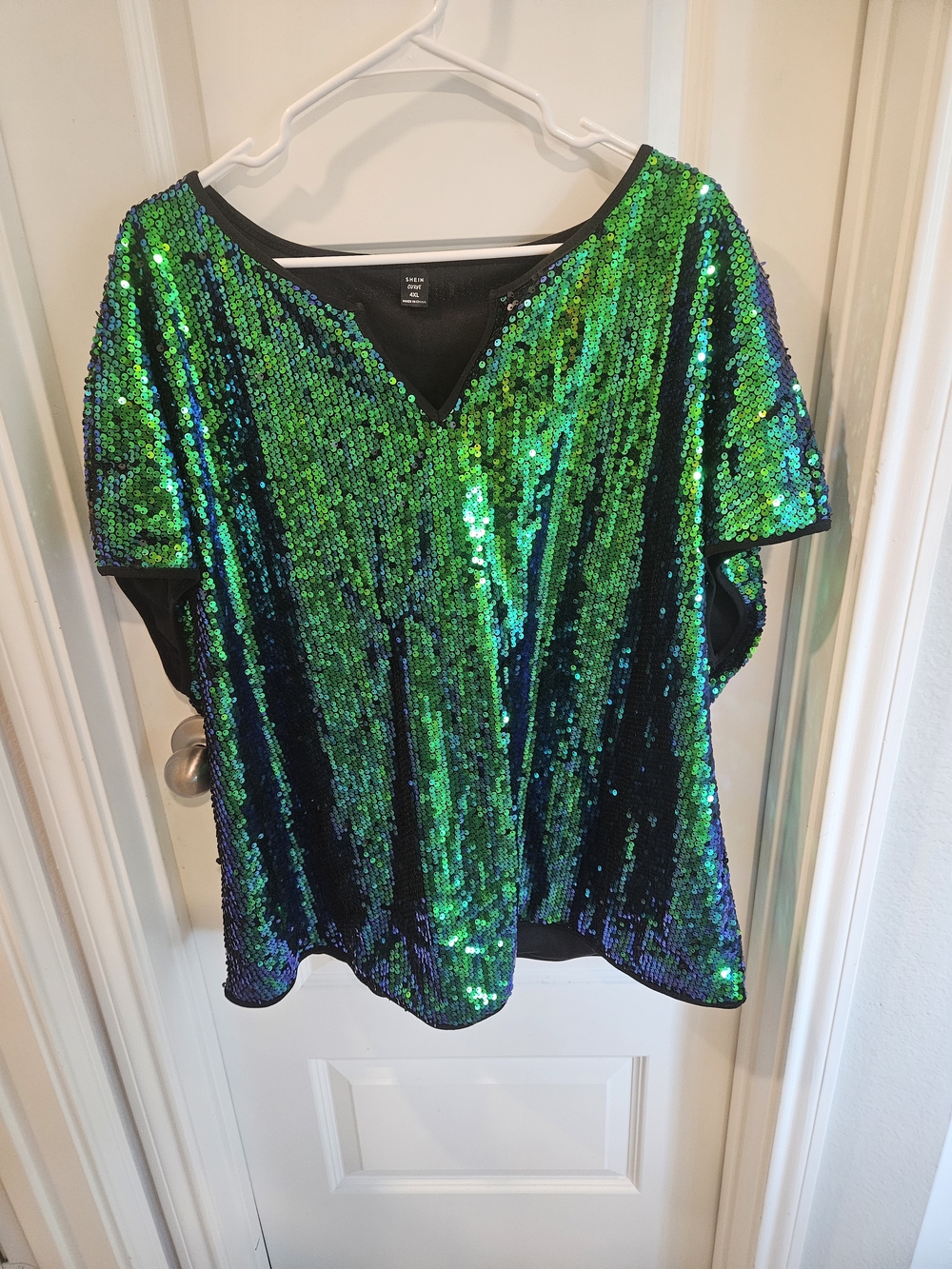 SHEIN Green Iridescent Sequin V-Neck Top